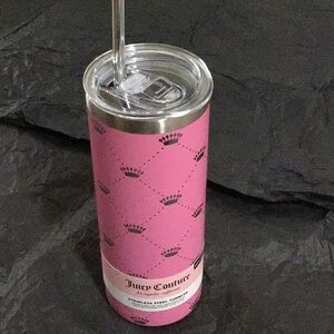 Juicy Couture 24oz hot cold stainless steel tumbler with straw, pink with crowns